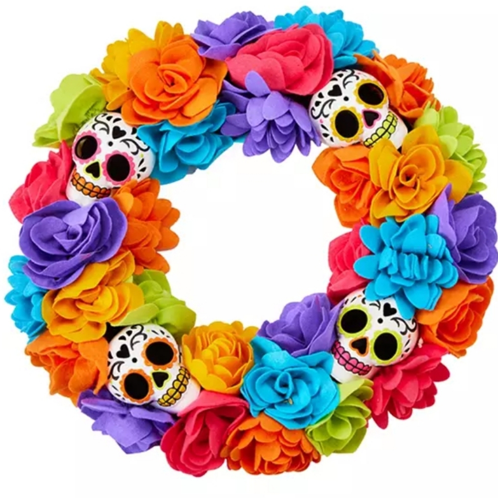 ISO NFS big lots Dia de los Muertos felt flower sugar skull wreath day of dead